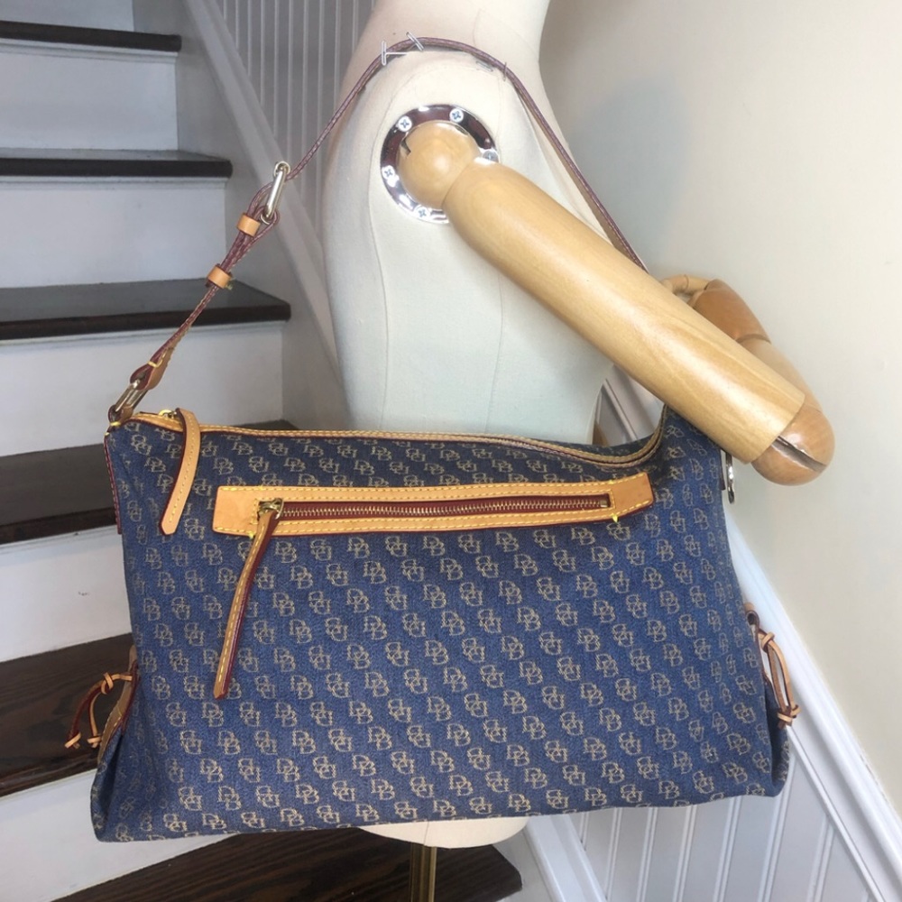 Vintage Dooney and Bourkey Blue Jacquard Monogram Top Zipper Tote Shoulder Bag